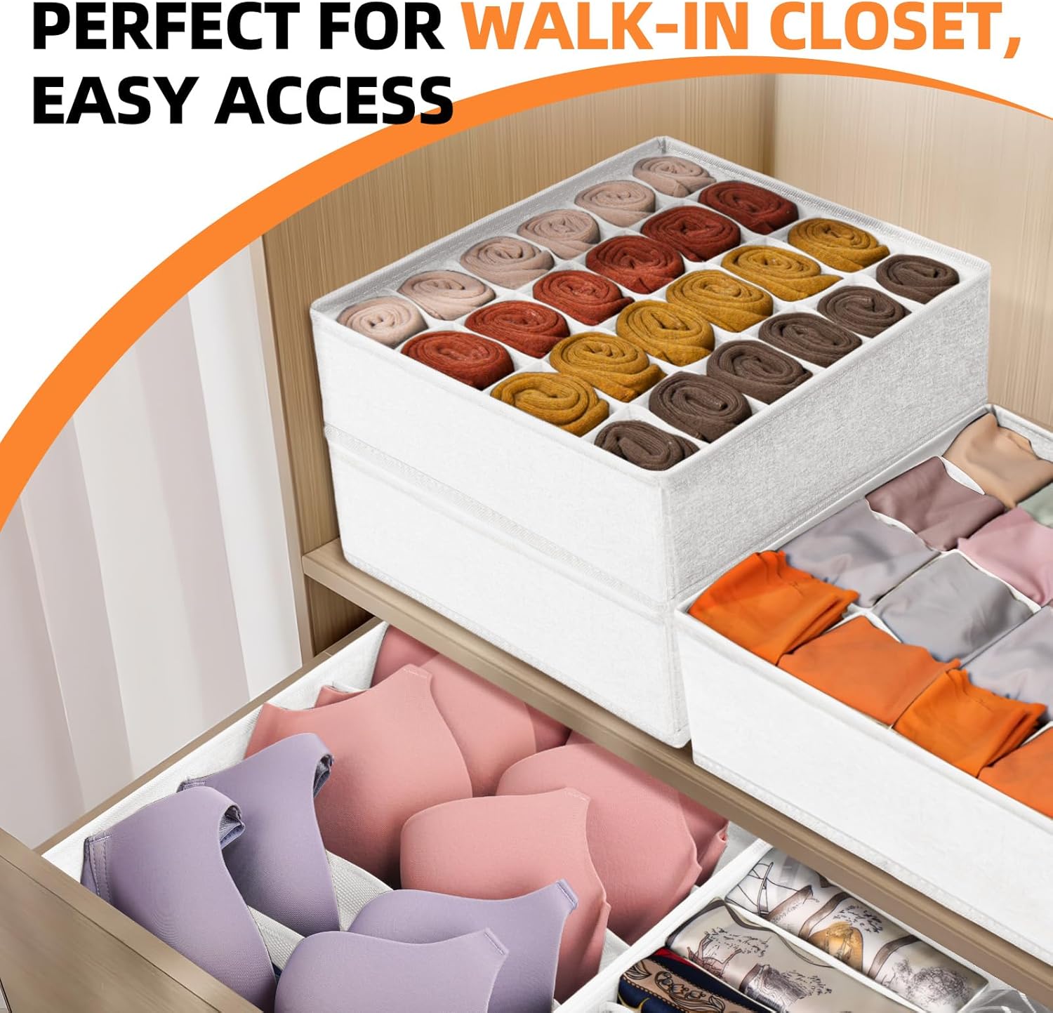 Criusia Drawer Organizer - 6 Set Clothes Organizer for Closet & Bedroom - 90 Cells Bins for Sock, Underwear, Bra, Baby Clothes - Washable & 10xDurable than Non-Woven Fabric (White)