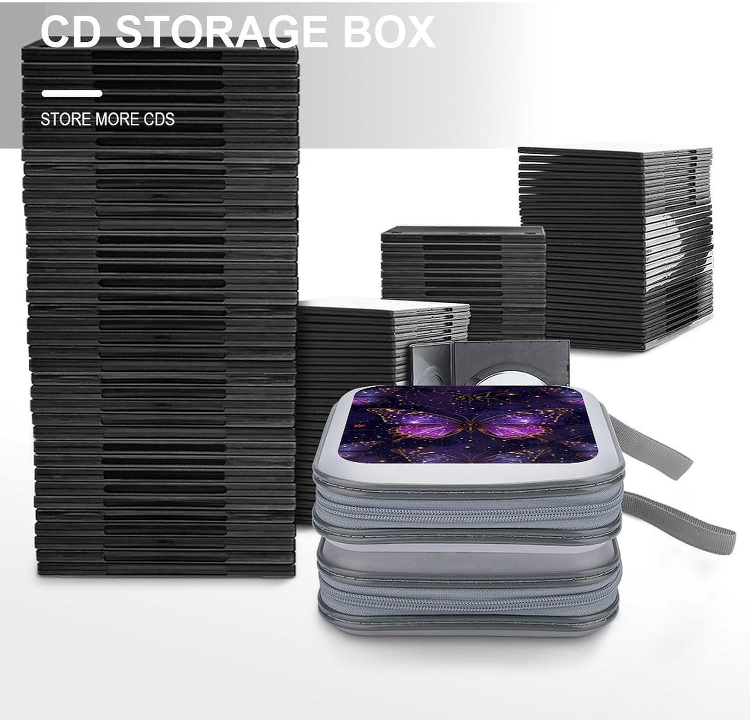 Butterfly Purple CD DVD Case Holder, 40 Disc Storage Wallet with Exclusive Printed Design, Zipper Closure And Handle for Music Movies Games Travel Car