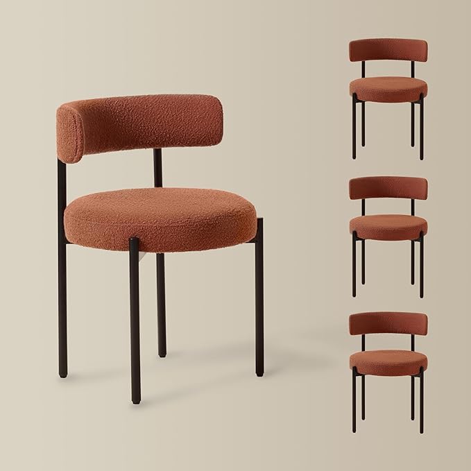 Boucle Dining Chairs Set of 4, Rust Dining Chairs with Upholstered Seat and Round Back, Mid-Century Modern Kitchen Chairs for Dining Room, Restaurant