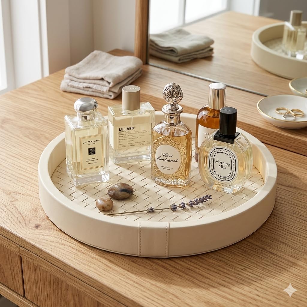 Leather Catchall Tray Organizer for Entryway Vanity Living Room | Organize keys, sunglasses & perfume. Elegant leather catchall tray decor for your entryway, vanity & living room.