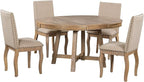 Merax 5-Piece Farmhouse Dining Furniture Set, Wooden Round Extendable Table, and 4 Upholstered Chairs, Natural Wood Wash
