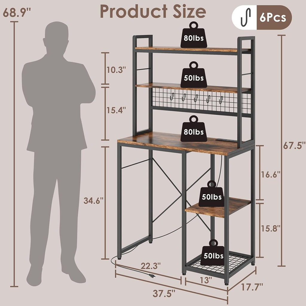 Multi-Functional Mini Fridge Stand, Mini Fridge and Microwave Storage Shelves with Power Outlet, Large Bakers Rack and Storage for Kitchen Appliances, Perfect for Dorm Kitchen Coffee Bar