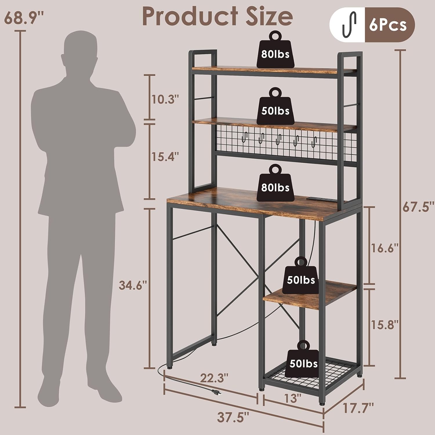 Multi-Functional Mini Fridge Stand, Mini Fridge and Microwave Storage Shelves with Power Outlet, Large Bakers Rack and Storage for Kitchen Appliances, Perfect for Dorm Kitchen Coffee Bar