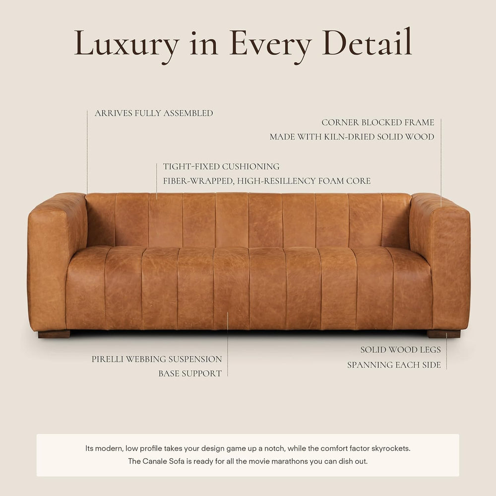 POLY & BARK Canale Sofa – 86" Channel-Tufted Italian Leather Couch –...