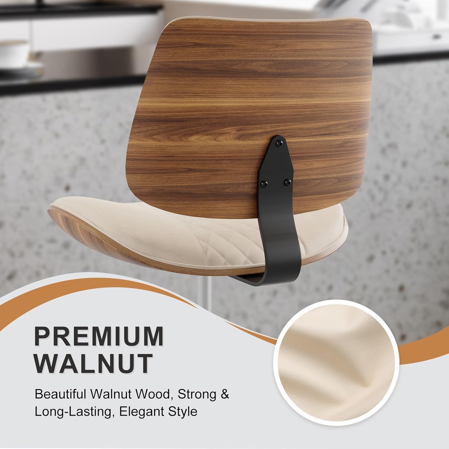 Drafting Chair with Adjustable Footrest, Armless Modern Tall Office Chair for Standing Desk, PU Leather Swivel Stool in Curved Bentwood Style, Ergonomic Rolling Walnut Chair for Office(Beige)