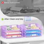 Subekyu 2-Pack 3-Tier Purple Metal Mesh Desk Paper Letter Tray & File Sorter Organizer with Handle + 1 Sliding Tray for Desk, Home, Office, School Supplies, A4 Paper and Accessories Storage