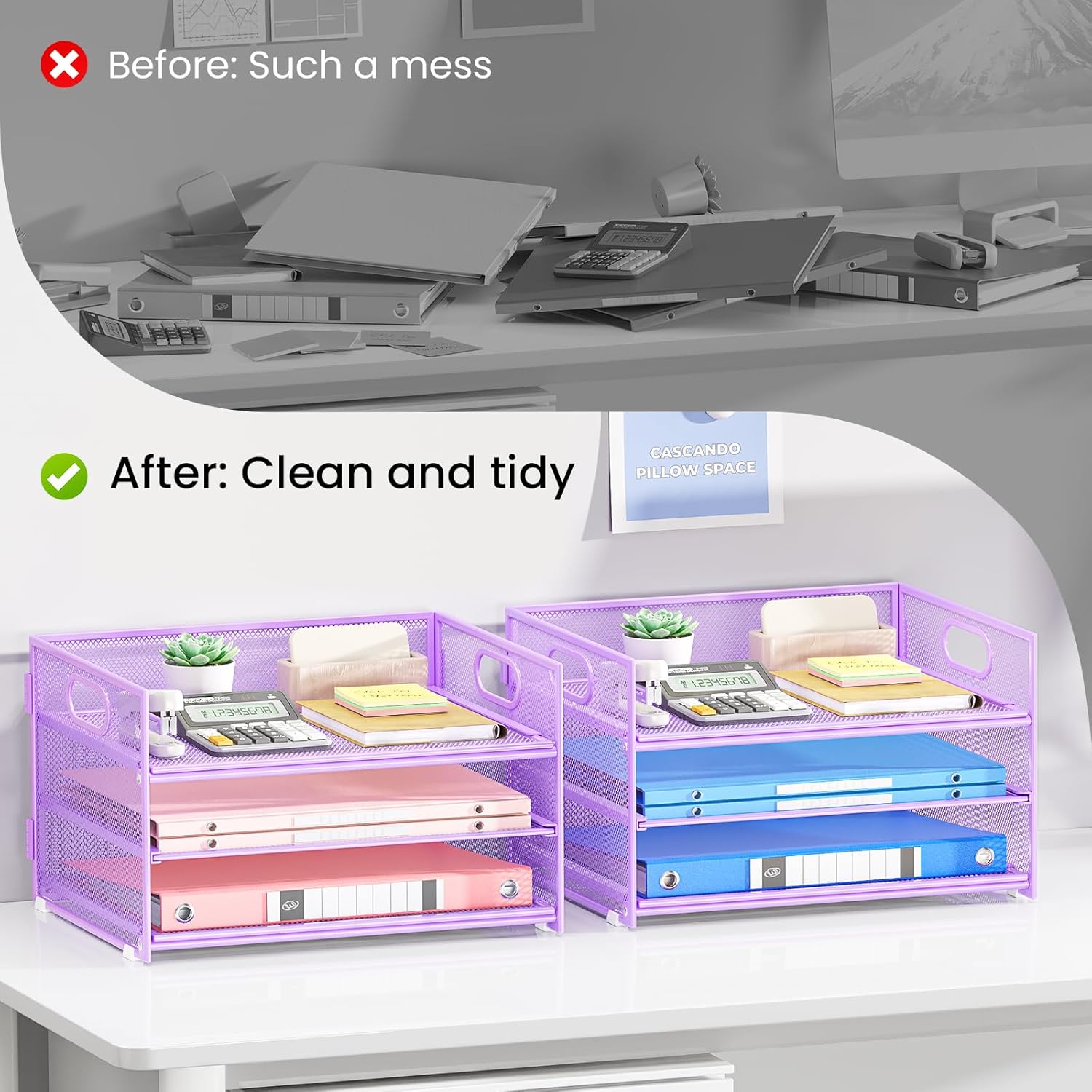 Subekyu 2-Pack 3-Tier Purple Metal Mesh Desk Paper Letter Tray & File Sorter Organizer with Handle + 1 Sliding Tray for Desk, Home, Office, School Supplies, A4 Paper and Accessories Storage