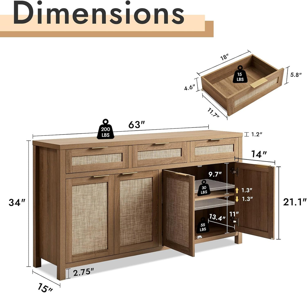 HOKYHOKY 63" Rattan Sideboard Buffet Cabinet, Boho Storage Cabinet | Adj...