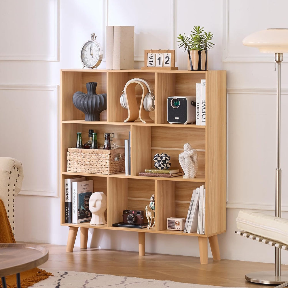LEYAOYAO Wooden 8 Cube Book Shelf, Natural 3 Tier Bookshelf with Legs, Modern...