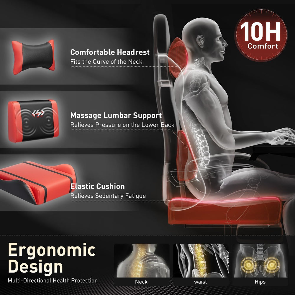 HLDIRECT High Back Gaming Chair, USB Massage Lumbar Support, Black&Red | ...