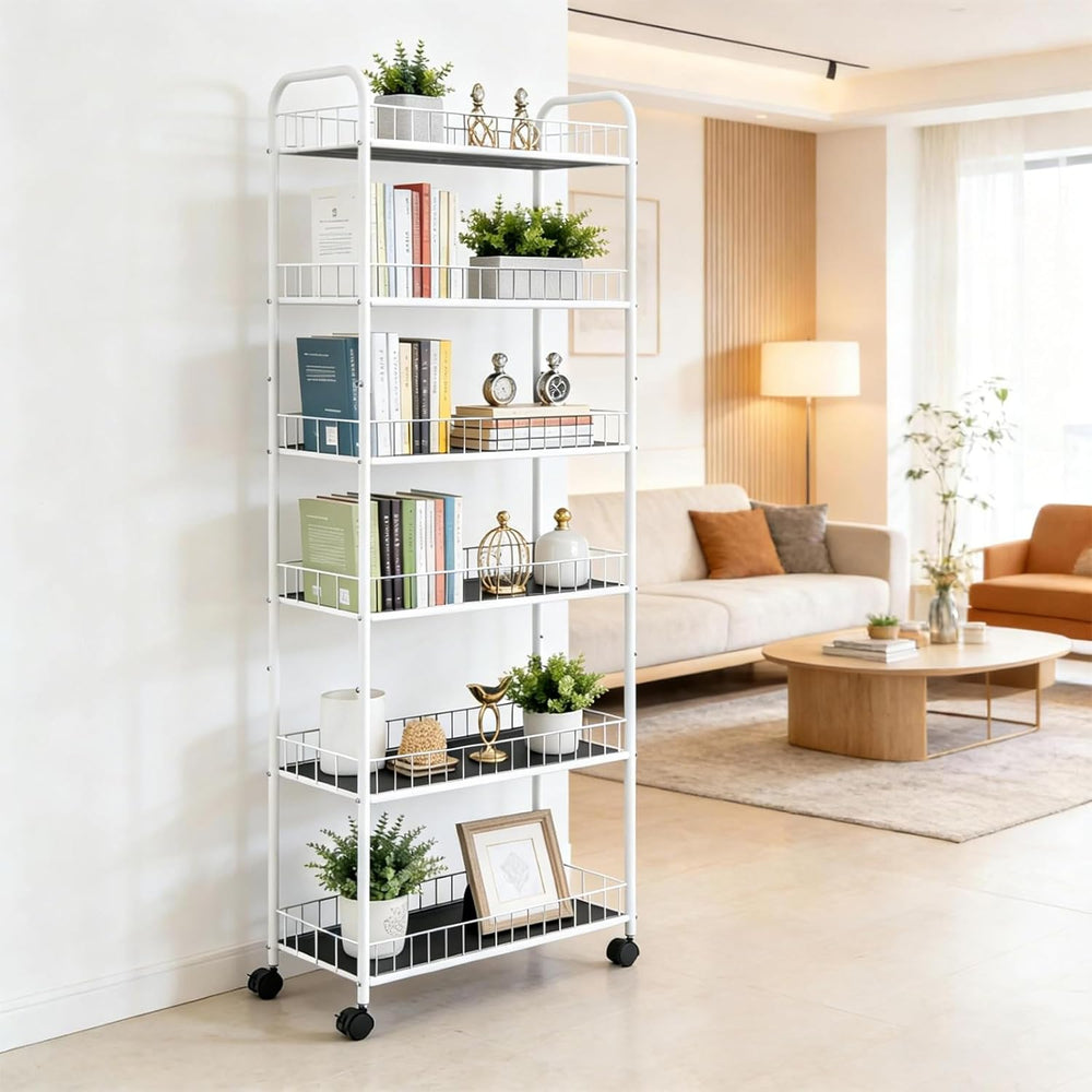 10in 6 Tier Slim Storage Cart with Wheels,White Narrow Space Rolling Shelving...