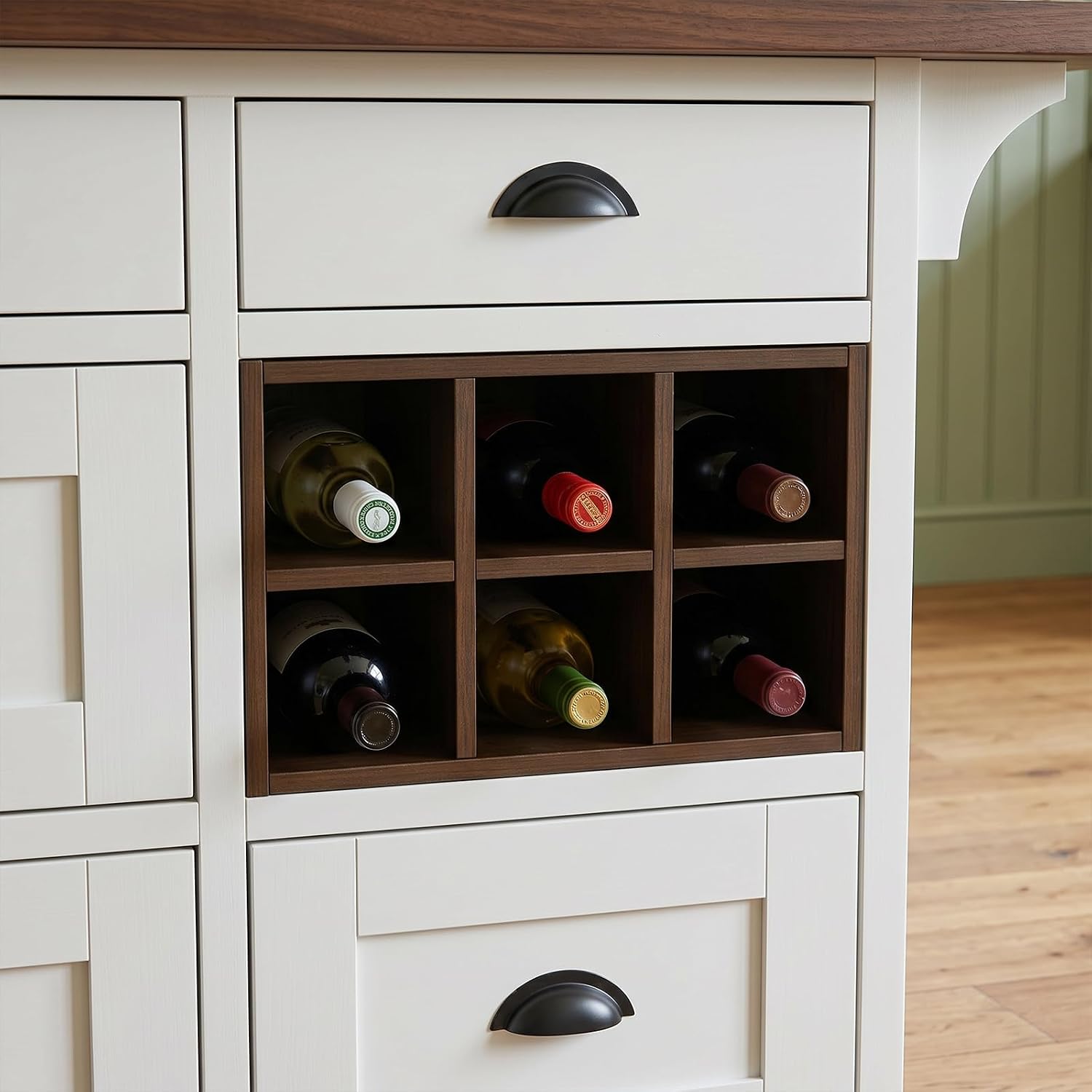 ECACAD 70.9" W Kitchen Island with Folding Drop Leaf, Extendable Stationary Storage Island with Wine Racks & 7 Drawers, Kitchen Prep Table with Wood Grain Tabletop for Dining Room, White & Brown