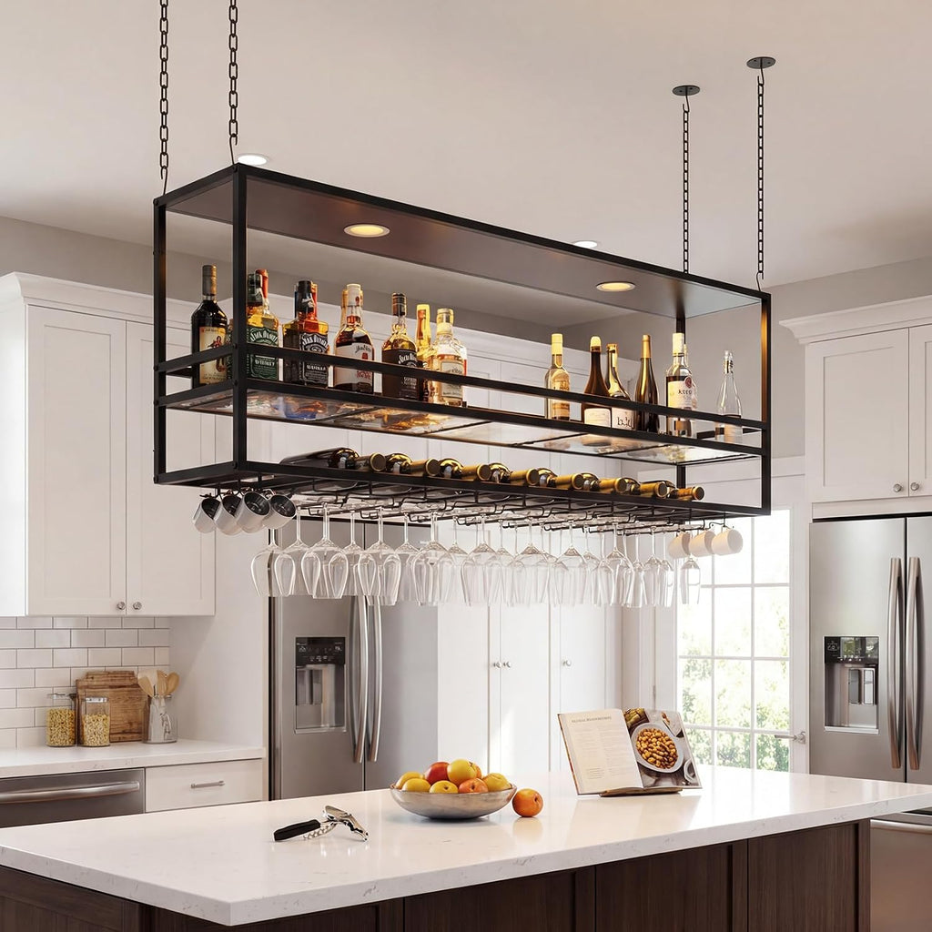 55" Industrial Ceiling Wine Glass Rack with LED, 3-Tier Ceiling Shelf with Wine Glass Holder and Acrylic Shelf, Hanging Wine Rack with Cup Holder for Bar, Home, Cafe