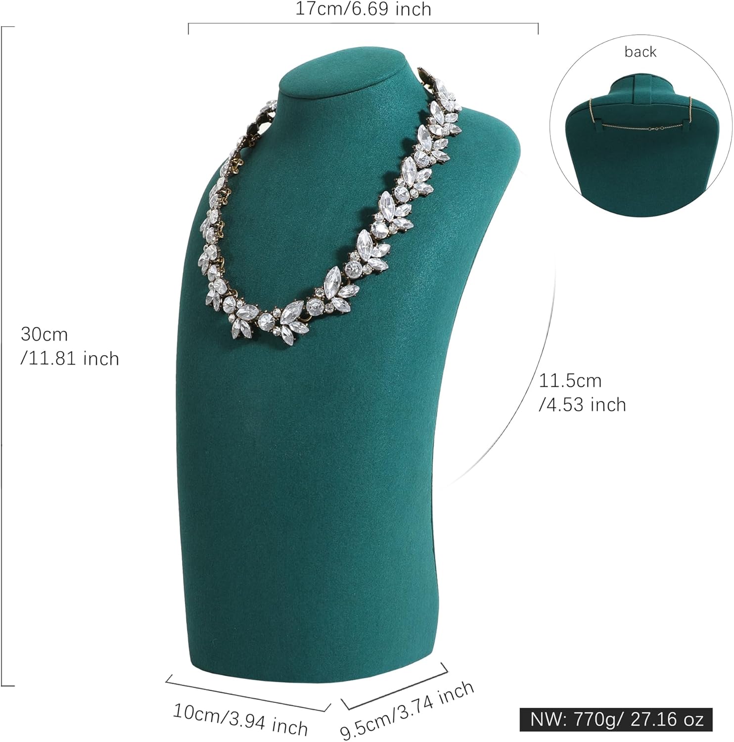 GemeShou Green necklace hanger jewelry organizer, Velvet jewelry stand necklace holder, jewelry mannequin bust for necklaces, Jewelry boutique store photography props【Green-Large height 11.8 inch】