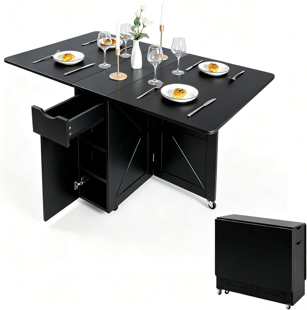 Folding Dining Table with Drawer and Storage Shelves, 53" Space Saving F...