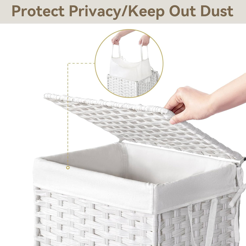 Chrislley 90L Slim Laundry Hamper with Wheels, Rolling Laundry Basket with Lid and Renovable Liner Bag, Handwoven Rattan Organizer for bedroom, bathroom, laundry room (White)