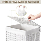 Chrislley 90L Slim Laundry Hamper with Wheels, Rolling Laundry Basket with Lid and Renovable Liner Bag, Handwoven Rattan Organizer for bedroom, bathroom, laundry room (White)