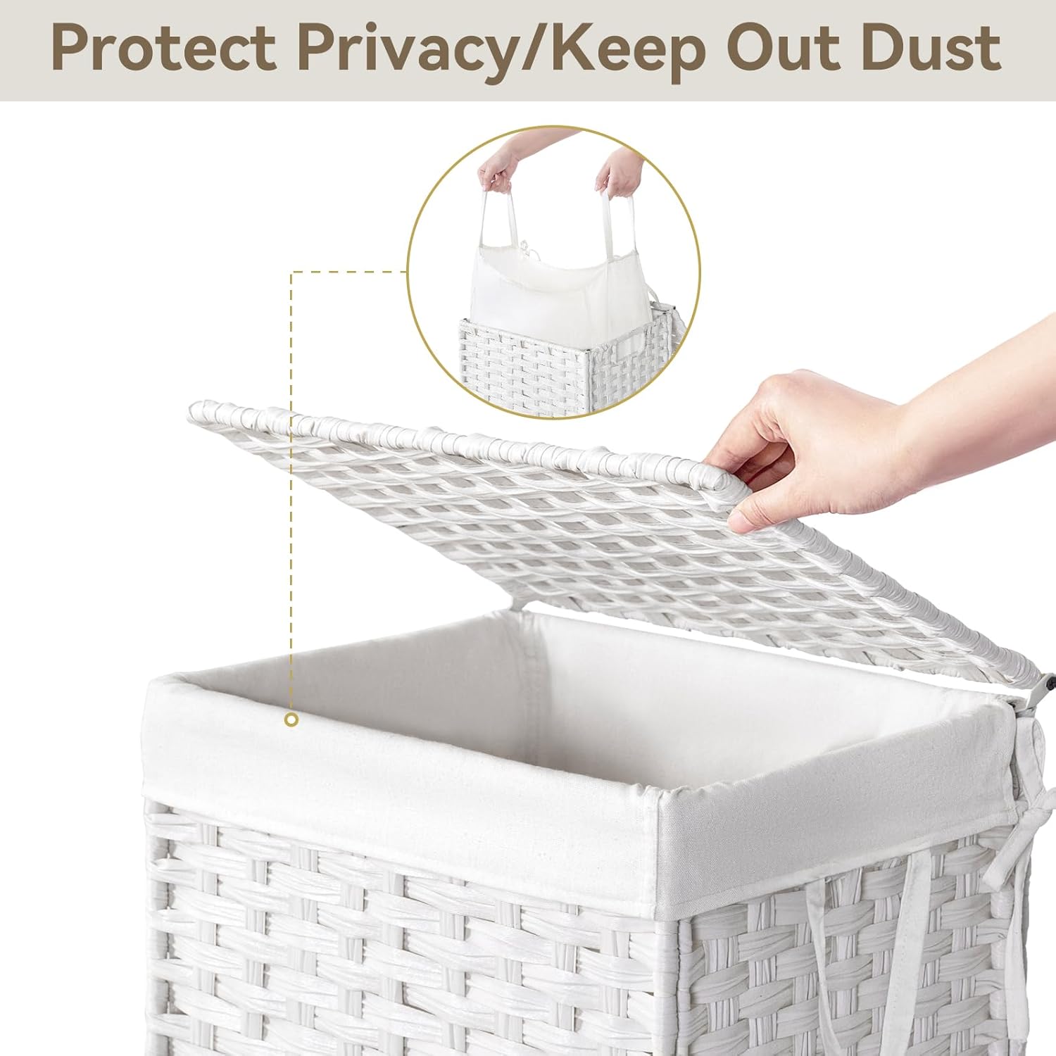 Chrislley 90L Slim Laundry Hamper with Wheels, Rolling Laundry Basket with Lid and Renovable Liner Bag, Handwoven Rattan Organizer for bedroom, bathroom, laundry room (White)