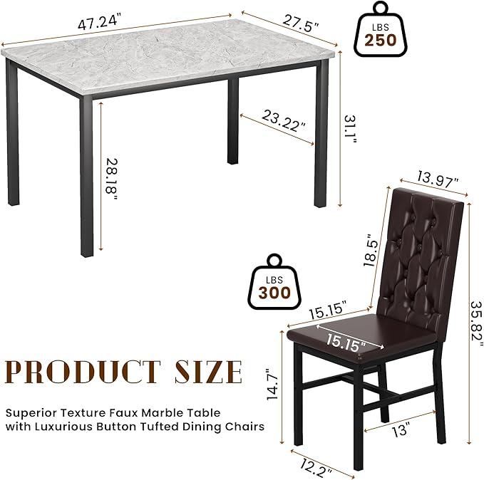 Hooseng Dining Table Set for 4, Faux Marble Small Kitchen Table Chairs Set of...