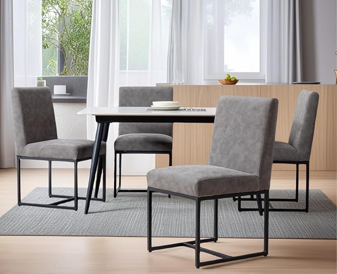 CIMOTA Modern Dining Chairs Set of 4, Leather Dining Room Chairs Upholstered Mid Century Armless Guest Side Chair with Black Base for Dining Room/Kitchen, Vintage Grey 4PCS