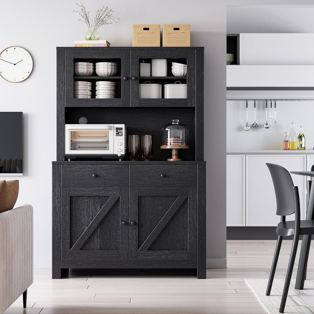 Kitchen Storage Cabinet, Pantry Cabinet with Microwave Stand & Coffee Bar, Freestanding Storage Hutch with 4 Doors & Adjustable Shelves, Multi-Functional Organizer for Kitchen, Dining Room, Black