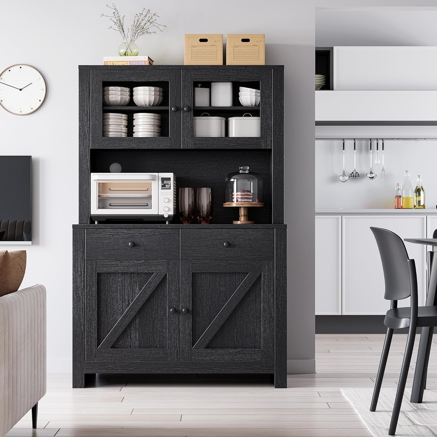 Kitchen Storage Cabinet, Pantry Cabinet with Microwave Stand & Coffee Bar, Freestanding Storage Hutch with 4 Doors & Adjustable Shelves, Multi-Functional Organizer for Kitchen, Dining Room, Black