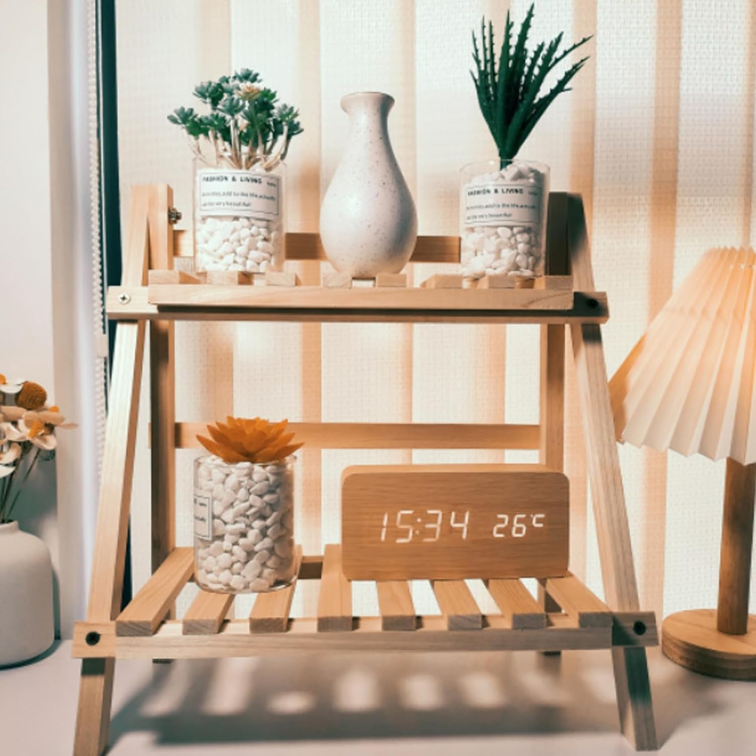 2 Tier Wooden Ladder Shelf for Table Shelf Unit 34x18x35cm Foldable Standing Simple Style Trapezoidal Flower Ladder Stand for Garden Living Room Bedroom