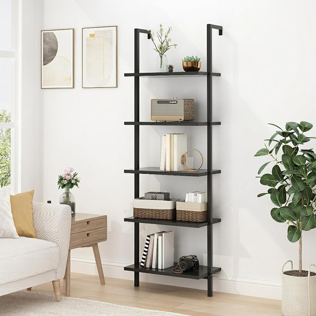 5-Tier wall Mounted Bookshelf, Ladder Shelves, Metal Frame & Wood Board, Decorative Shelving, Narrow Ladder Bookcase, Open Storage, Mordern Leaning Bookshelf for Bedroom, Living Room, Office, Black