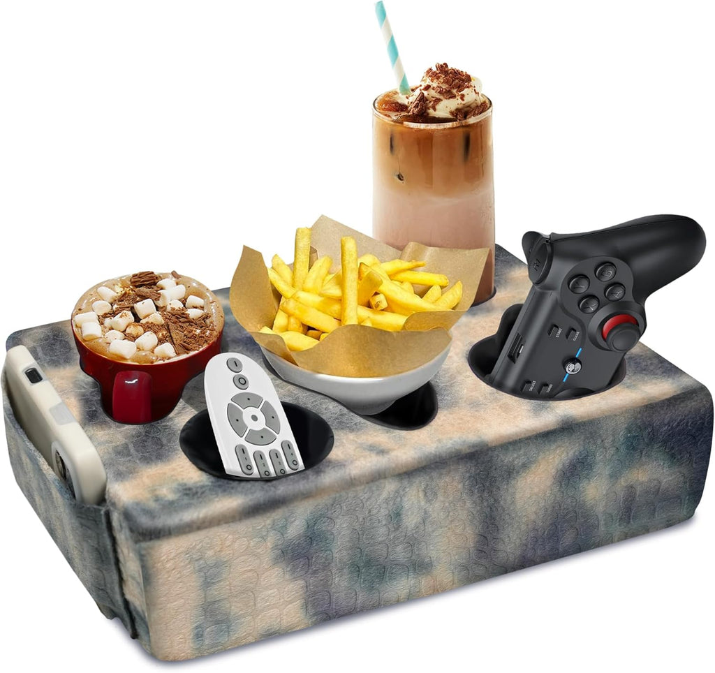 Couch Cup Holder Pillow, 5 Hole Couch Drink Holder! Keep Drinks Hand Side and Keep Temp, Prevent Spills and Use Anywhere. Cup Holder for Couch, Bed, Camping, RV, Car, Beach. Beige Gray