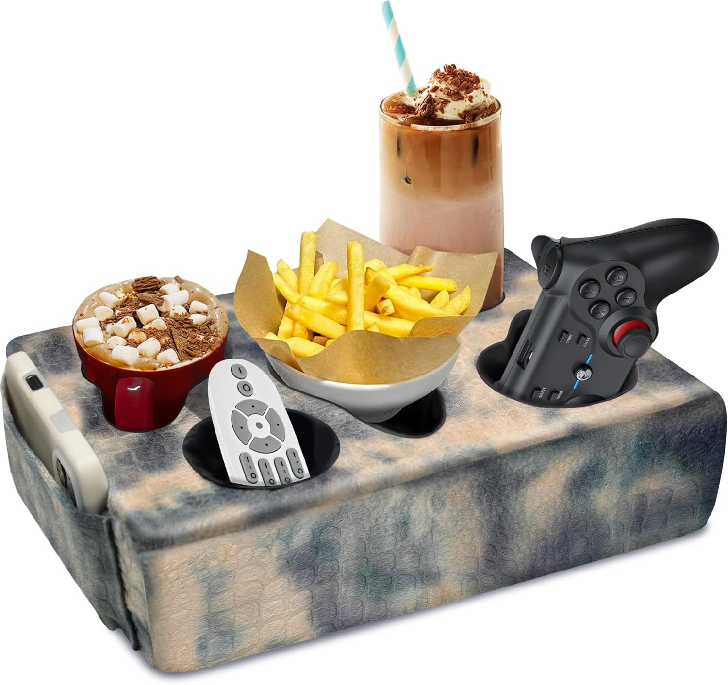 Couch Cup Holder Pillow, 5 Hole Couch Drink Holder! Keep Drinks Hand Side and Keep Temp, Prevent Spills and Use Anywhere. Cup Holder for Couch, Bed, Camping, RV, Car, Beach. Beige Gray