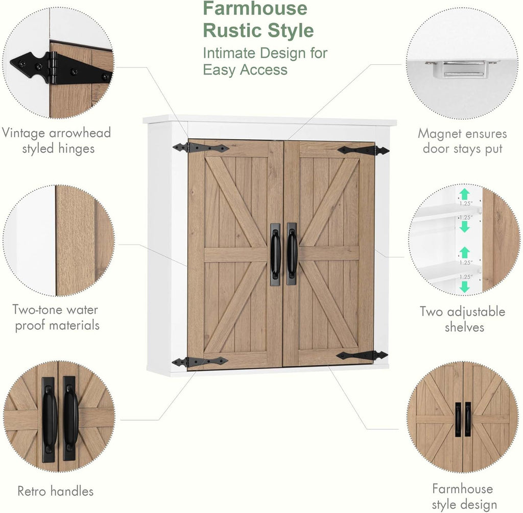 Spirich Bathroom Wall Cabinet Over Toilet, Farmhouse Wall Mounted Medicine Cabinet Organizer with Wood Grain Barn Doors and Adjustable Shelves