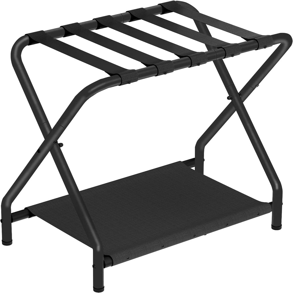 HOOBRO Luggage Rack, Folding Suitcase Stand with Fabric Storage Shelf for Guest Room, Bedroom, Hotel, Holds up to 100 lb, 27 x 15.3 x 22 Inches, Space Saving, Black BK04XL01