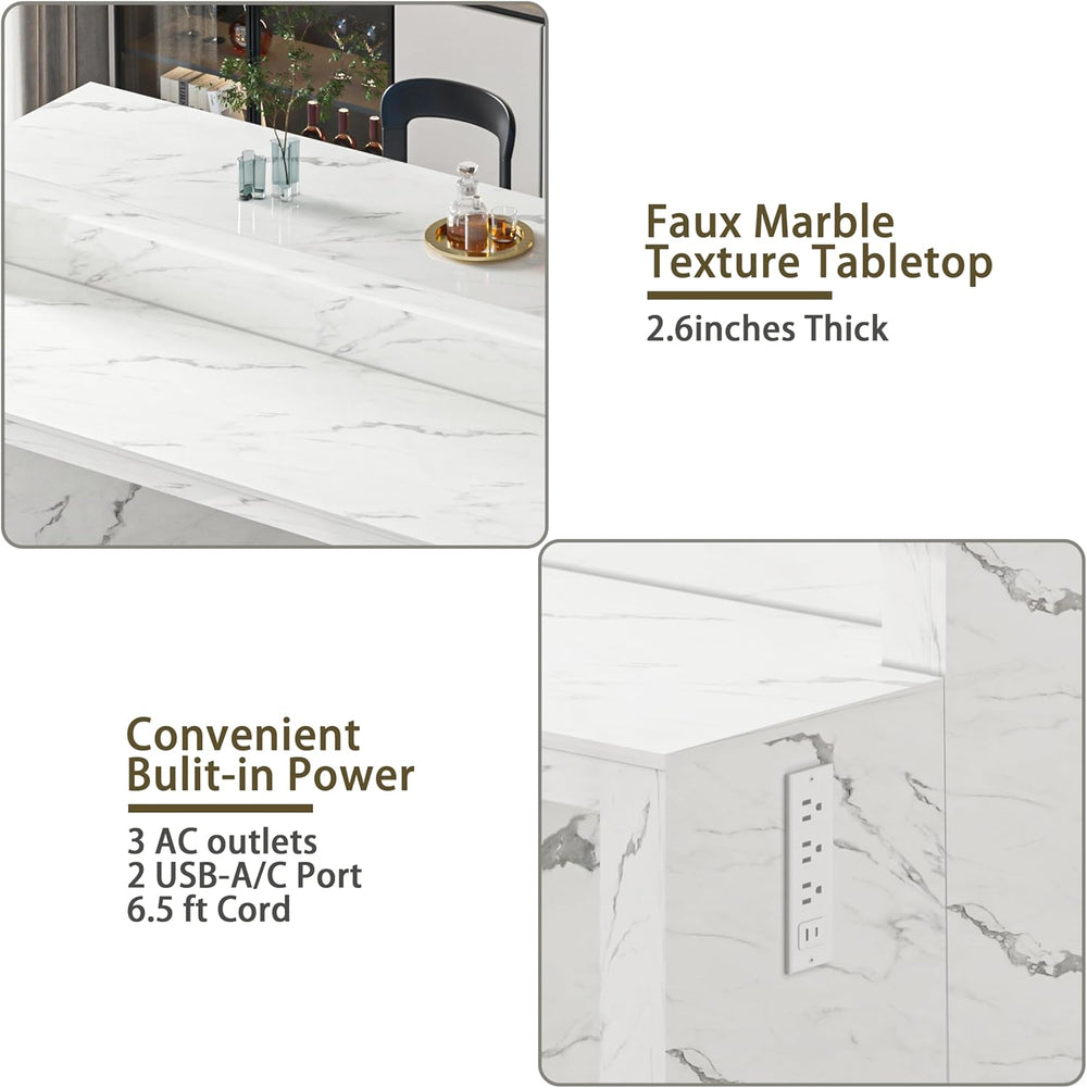 70.9" Large Faux Marble Dining Table with LED Lights, White Counter Heig...