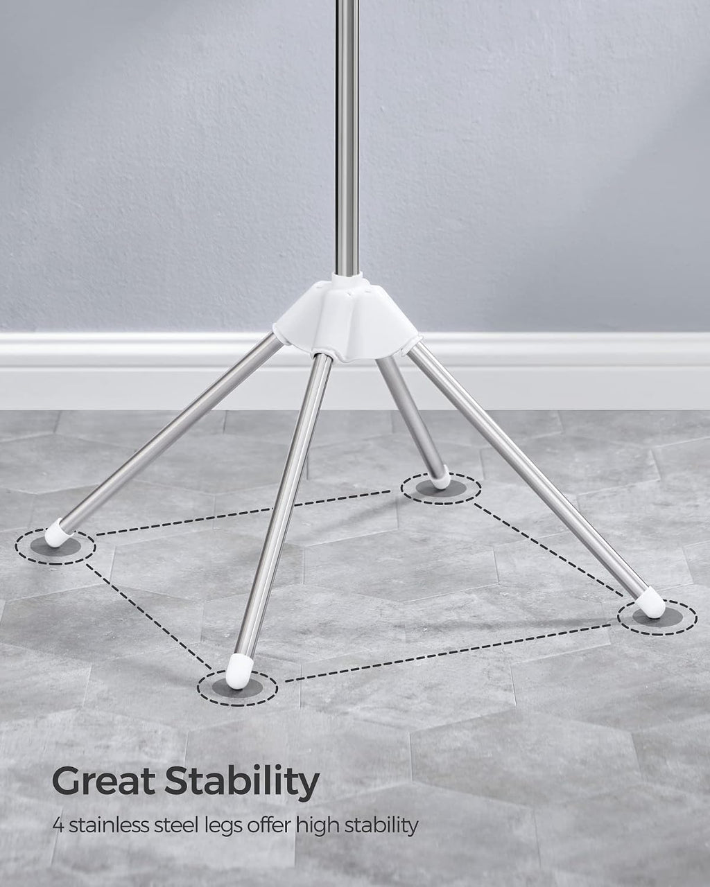SONGMICS Clothes Drying Rack, 59-Inch Folding Laundry Drying Rack with 3 Rotatable Arms for Hangers, 4 Legs, Stainless Steel, for 27 Pieces of Clothes, White and Silver ULLR510W01