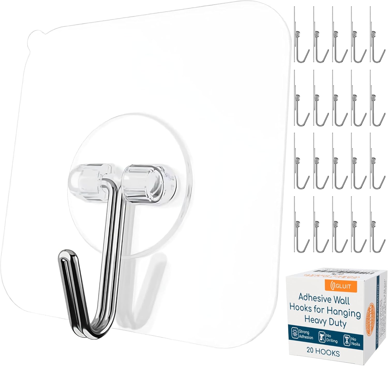 GLUIT Adhesive Wall Hooks for Hanging Heavy Duty 22 lbs Hooks for Walls No Damage, Towel Sticky Clear Hooks, Waterproof, Home, Bathroom, Kitchen, Office, and Outdoor 20 Pack