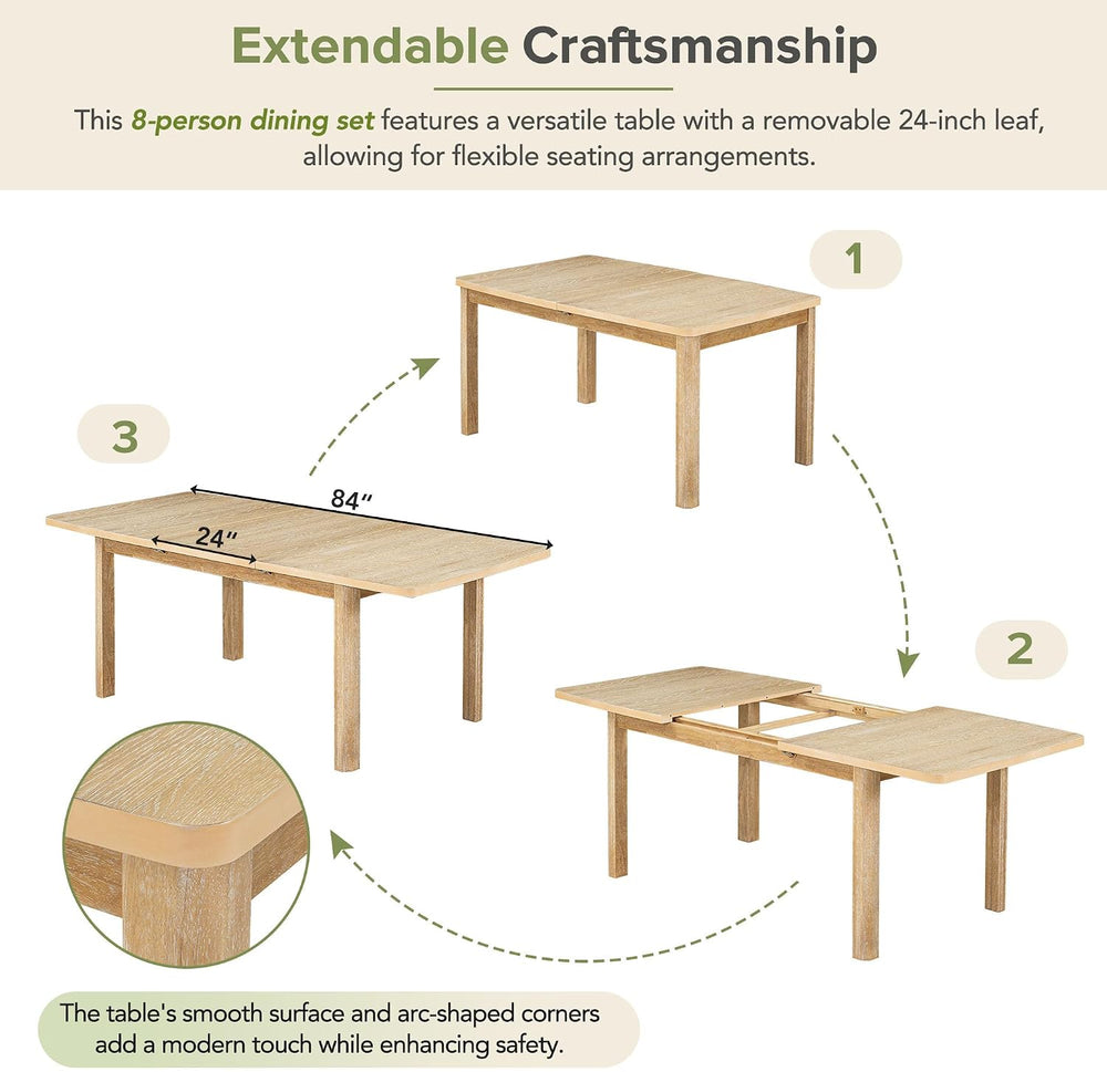9-Piece Dining Table Set, Extendable 84", 6 Chairs + 2 Armchairs