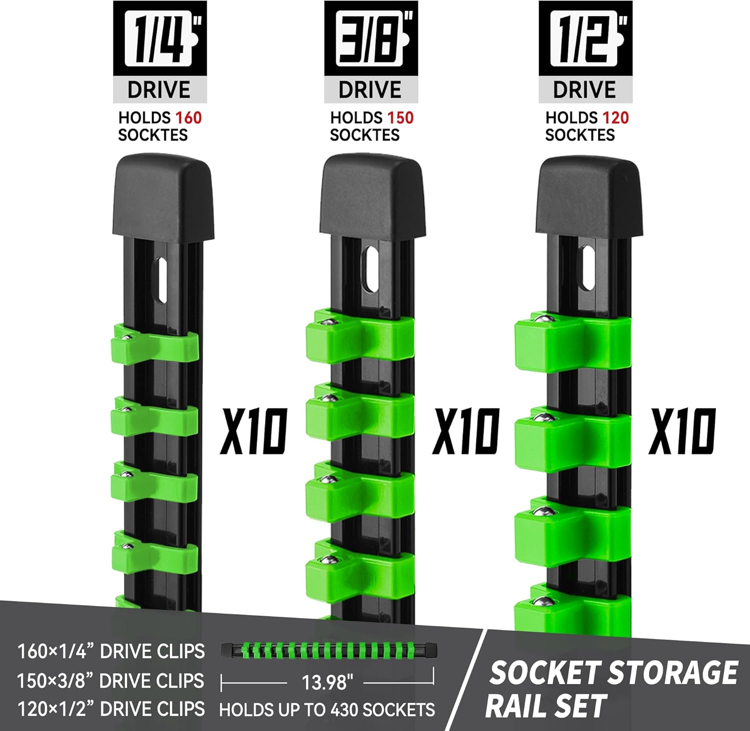 Socket Organizer Drive ABS Tools - Green Socket Holder, Premium Quality 30 Pieces Socket Holders Kit 1/4-Inch x 160 Clips, 3/8-Inch x 150 Clips, 1/2-Inch x 120 Clips（30PC,Green)