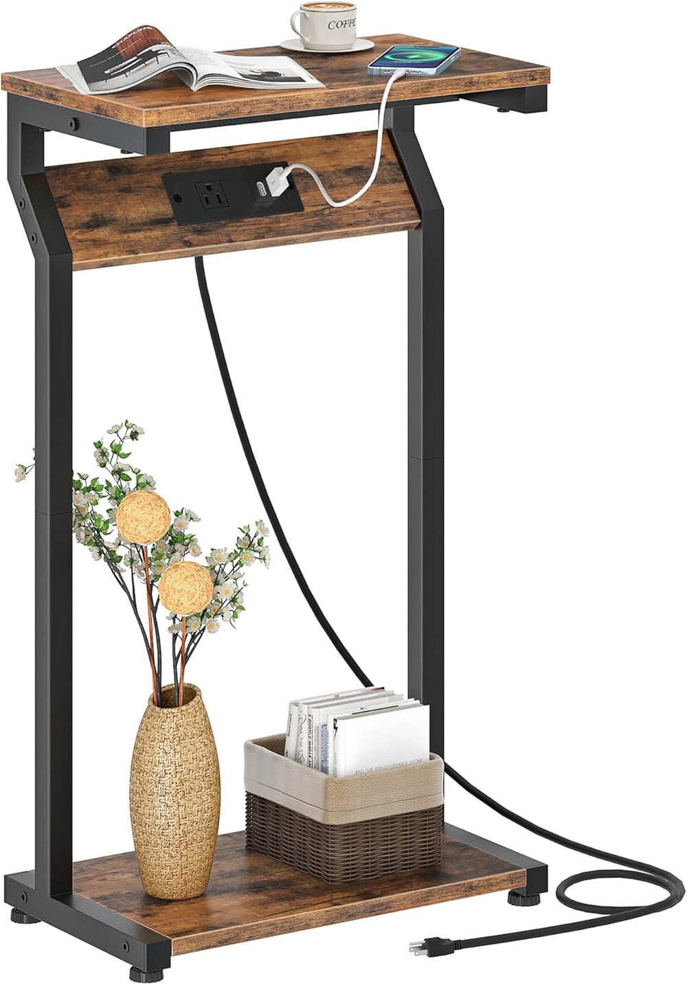 CHOEZON Narrow Side Table with Charging Station, 27" Skinny End Table fo...