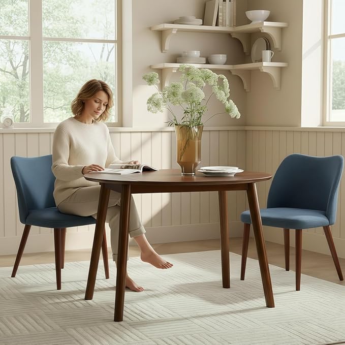 Dining Chairs Set of 2, Upholstered Kitchen Dining Room Chair Set Morden Accent Side Dinner Chair with Curved Padded Back Wood Legs for Restaurant/Cafe, Navy