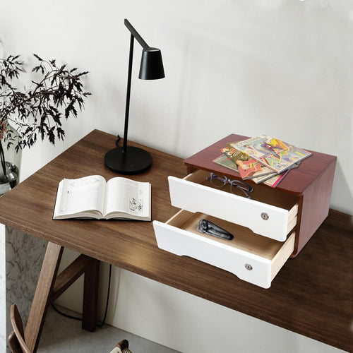 2-Tier Desktop Storage Box with Lockable Drawer, Wooden Desk Organizer for Office Supplies, Flat File Cabinet, Minimalist Design for Home & Office Use(Walnut+White)