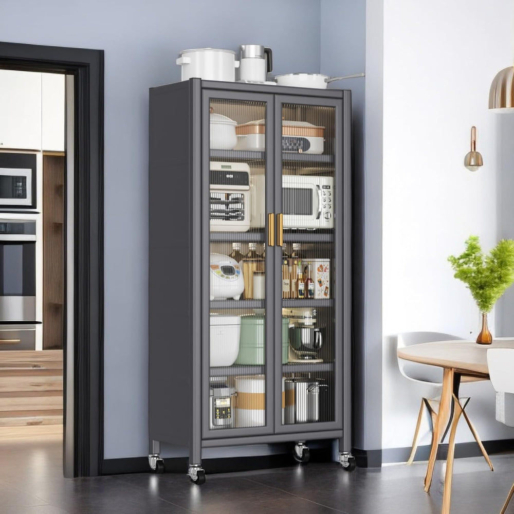 Metal Kitchen Pantry Storage Cabinet on Locking Casters, Double Ribbed Glass ...