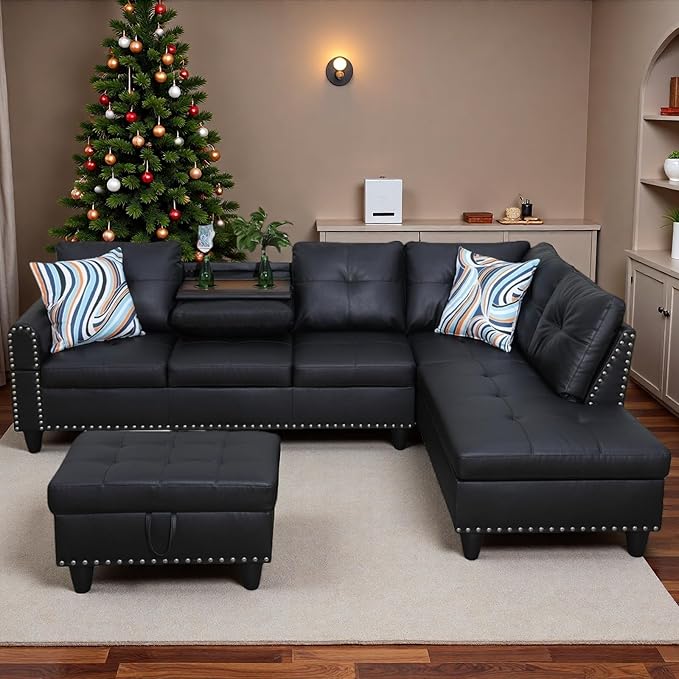Sectional Couches for Living Room with Movable Chaise & Storage Ottoman - 97.5" Leather L Shaped Couches for Living Room Apartment, Home Modular Sectional Sofas with Cup Holder, Black