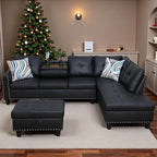 Sectional Couches for Living Room with Movable Chaise & Storage Ottoman - 97.5" Leather L Shaped Couches for Living Room Apartment, Home Modular Sectional Sofas with Cup Holder, Black