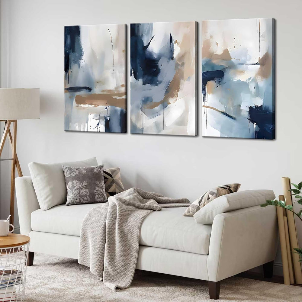 3Pcs Framed Navy Blue Wall Art Abstract Modern Brown Watercolor Canvas Poster...