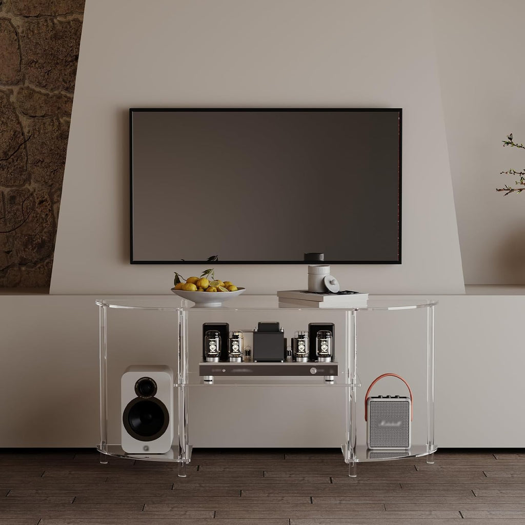 Eglaf Acrylic Modern TV Stand, 3-Tier Semi-Circular TV Console Table | Corner TV Stand, Entertainment Center with Open Shelves, TVs up to 50 Inch, 47.2'' L x 13.4'' W x 22.4'' H, Clear