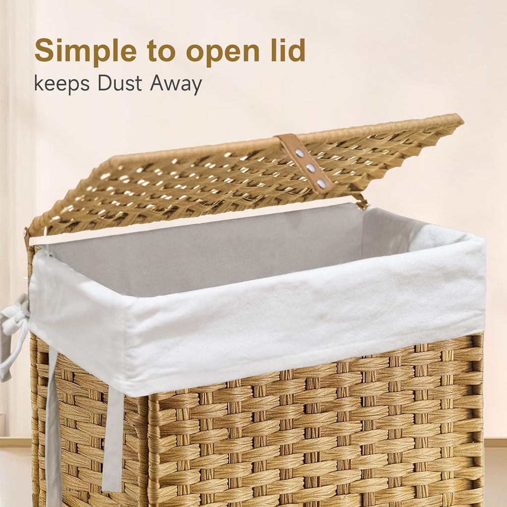 88L Slim Laundry Hamper with Wheels, 23.3 Gallon Rolling Laundry Basket with Lid, Tall and Narrow Laundry Hamper with 2 Removable Liner & 3 Mesh Bags, Laundry Sorter for Bathroom, Natural