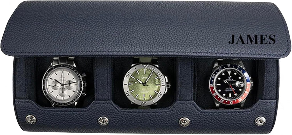 DailyWatch | Personalized Watch Roll Travel Case For 3 Watches - Handmade Genuine Leather Travel Case With Custom Engraving of Name or Initials - Navy Blue Litchi