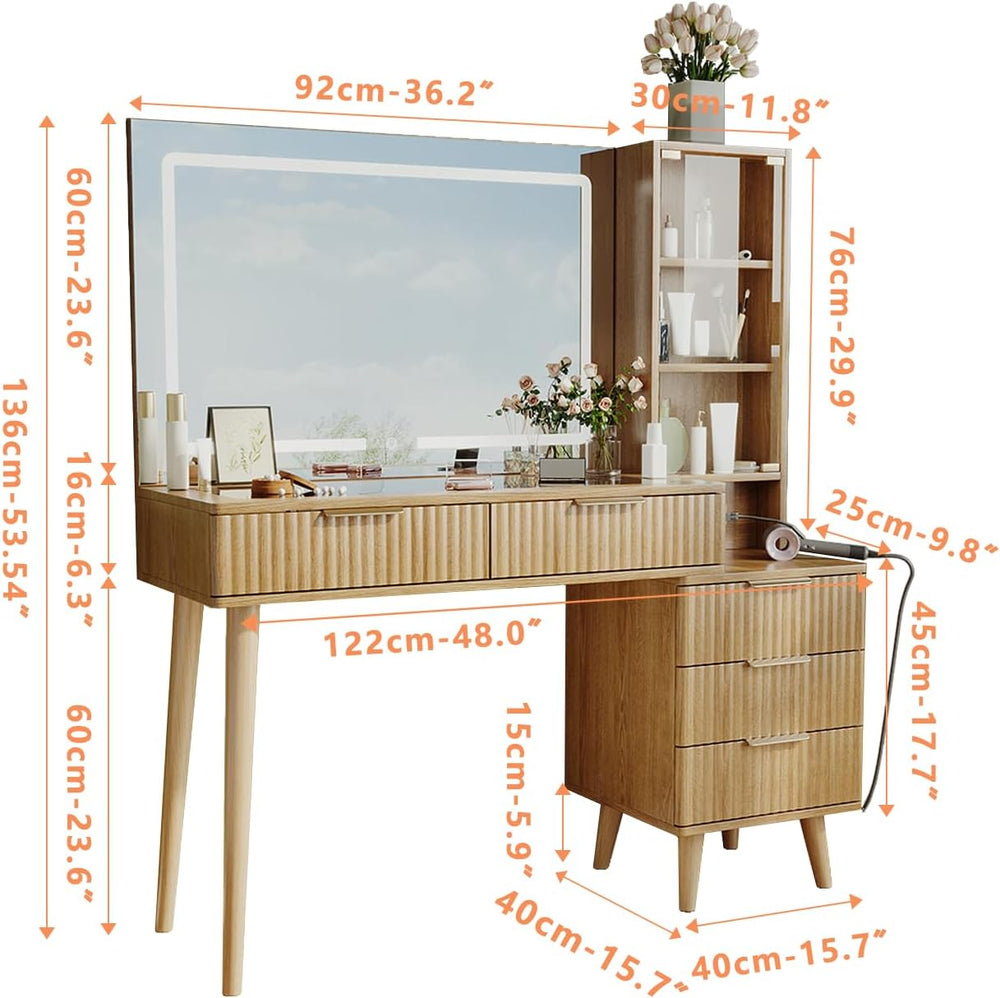 Fluted Vanity Desk with 36" LED Mirror, 48" Modern Makeup Table wit...
