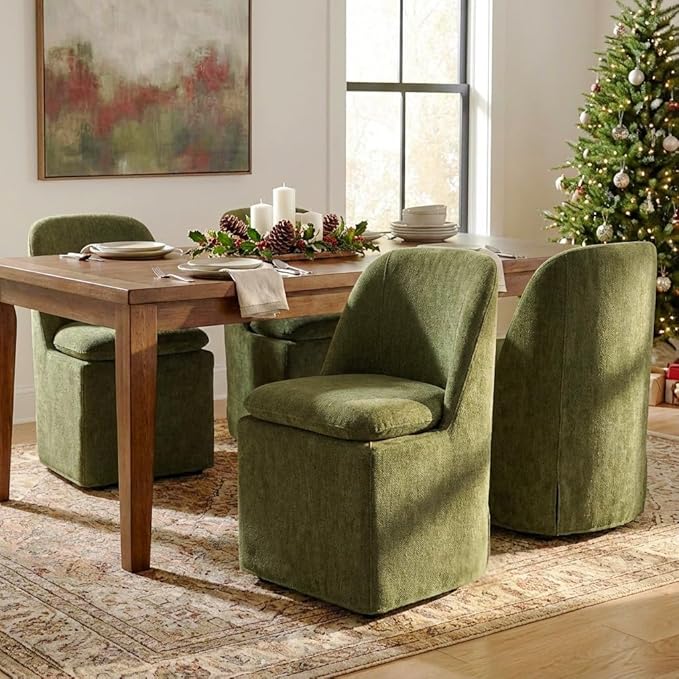 Upholstered Dining Chairs with Casters, Washable Cover Modern Dining Room Chairs with Thick Cushion & Sturdy Metal Frame for Kitchen, Living Room, Dressing Room, Green Fabric, Set of 2