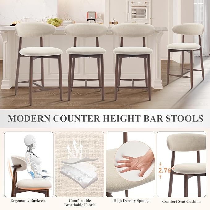 COLAMY Counter Height Bar Stools Set of 3, Upholstered Barstools with Back, Mid Century Modern Stools with Wood Legs for Kitchen Island Dining Room, Beige